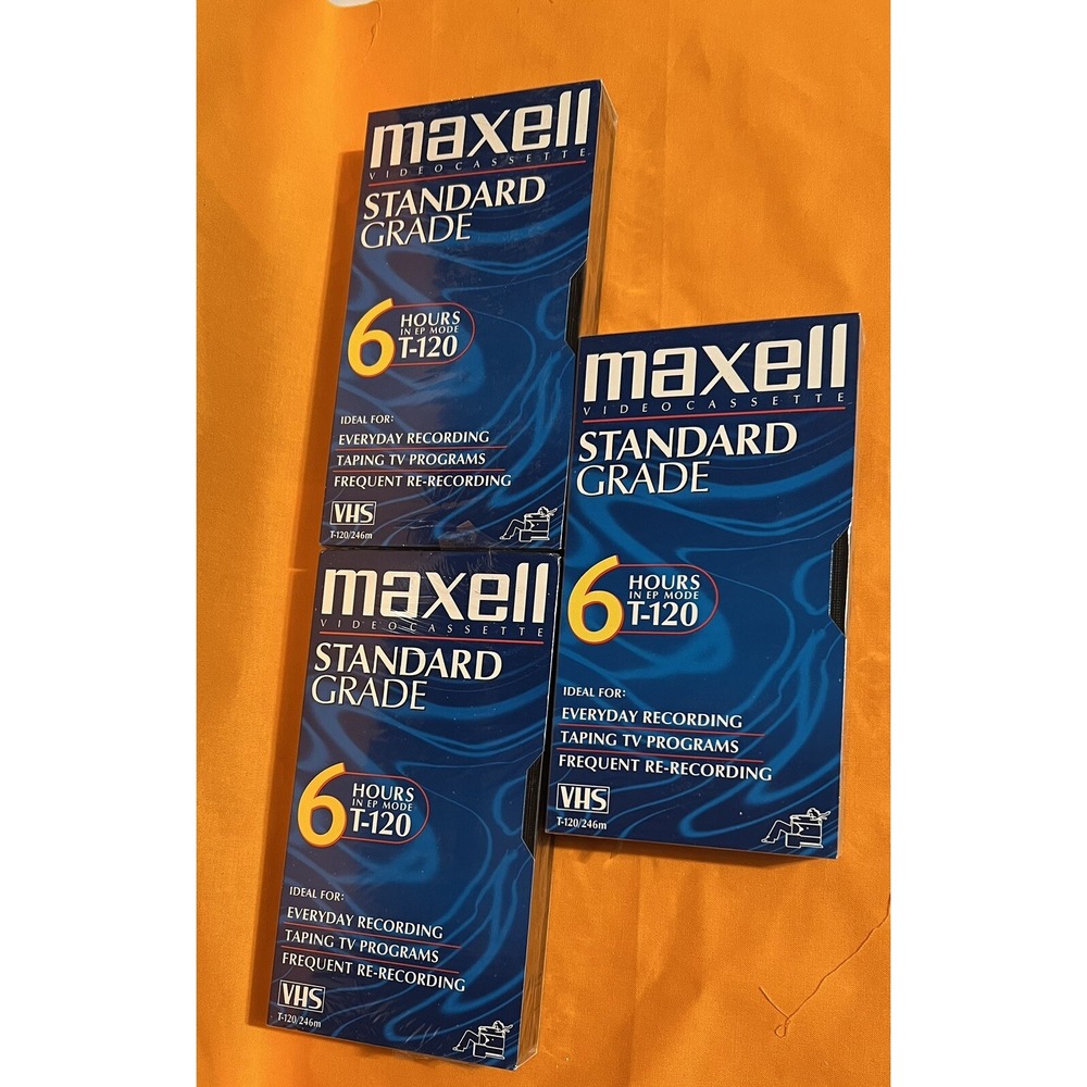 3 Sealed Maxell VHS T-120 6 Hour Standard Grade‎ VCR Blank Video Cassette Tapes